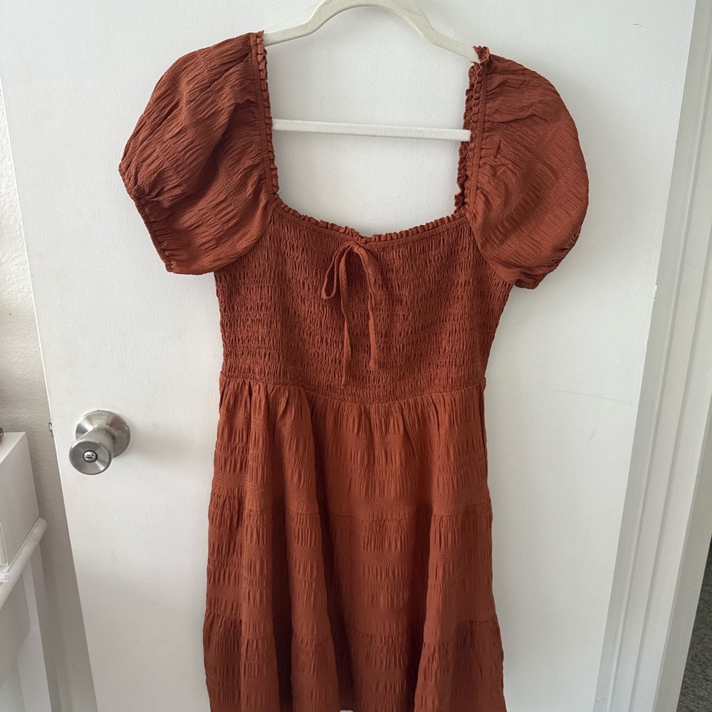 Mahina Rust Smocked Puff Sleeve Dress